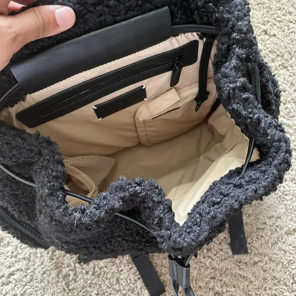 Caraa Cirrus Sherpa Backpack Travel Rucksack Teddy Fuzzy Black